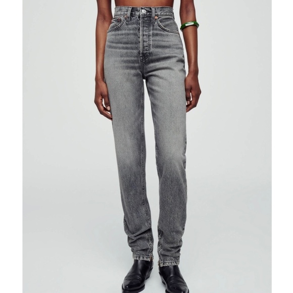 RE/DONE Super High Drain Pipe Jeans Womens Ankle Zip Tapered Midnight Ash Gray - Picture 1 of 13